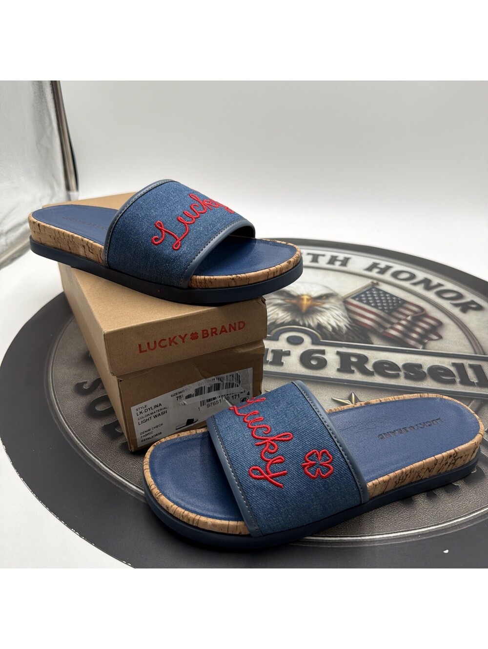 Lucky Brand Dylina Womens Slide Sandal Sz 7M Denim Light wash Open Toe Slip On